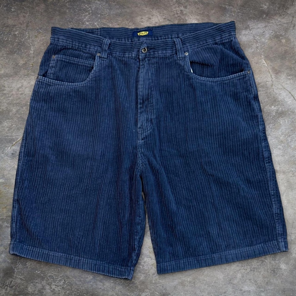 Vintage Utility Blue Corduroy Baggy Wide Leg Shorts Men's 38x10 Skater Surf Y2K
